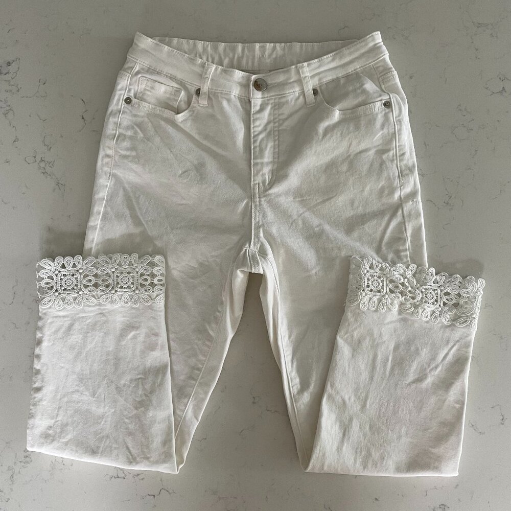 Melanie Lyne Casual 5 Pocket Cotton Cropped Denim Jeans Lace Hem White Sz 6